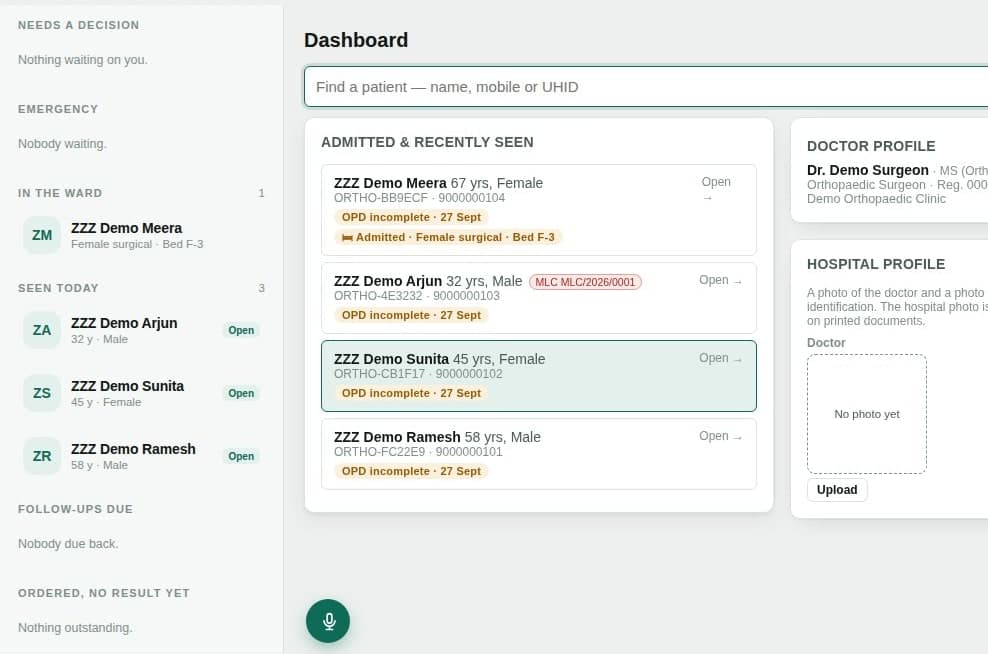 The Ortho-Doc-Assist dashboard: a patient search box, the admitted and recently seen patients, and a side list of who needs a decision, who is in the ward, who was seen today and whose follow-up is due. All patients are invented demo records.