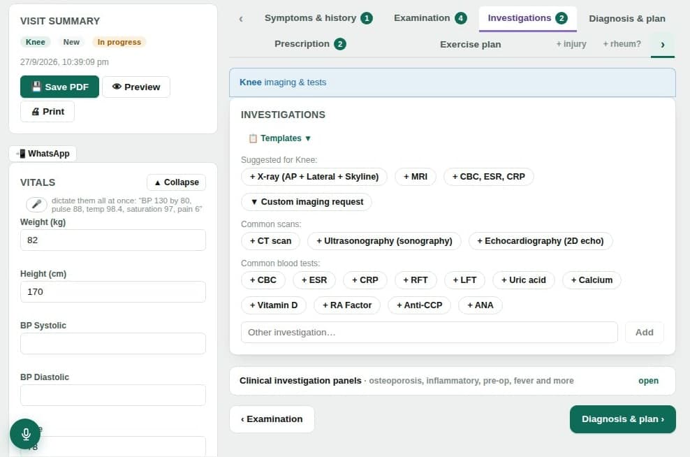 The Investigations tab: suggested knee investigations such as X-ray AP, lateral and skyline views, MRI and CBC, ESR, CRP, followed by common scans and blood tests that can be added with one click.