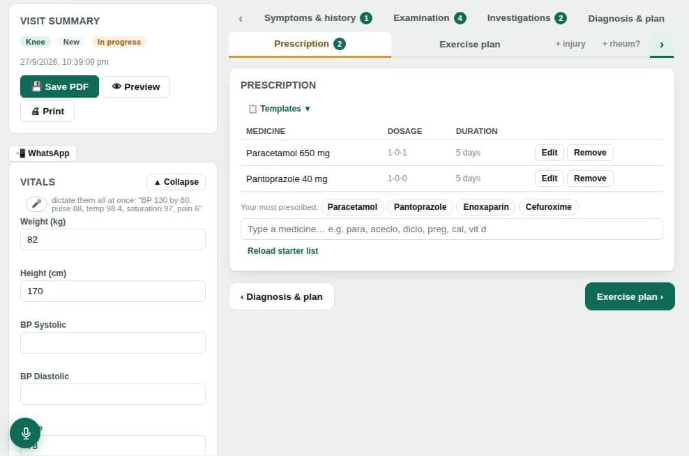 The Prescription tab: paracetamol 650 mg 1-0-1 for 5 days and pantoprazole 40 mg 1-0-0 for 5 days, the doctor's most prescribed medicines as one-click chips, and a medicine search box.