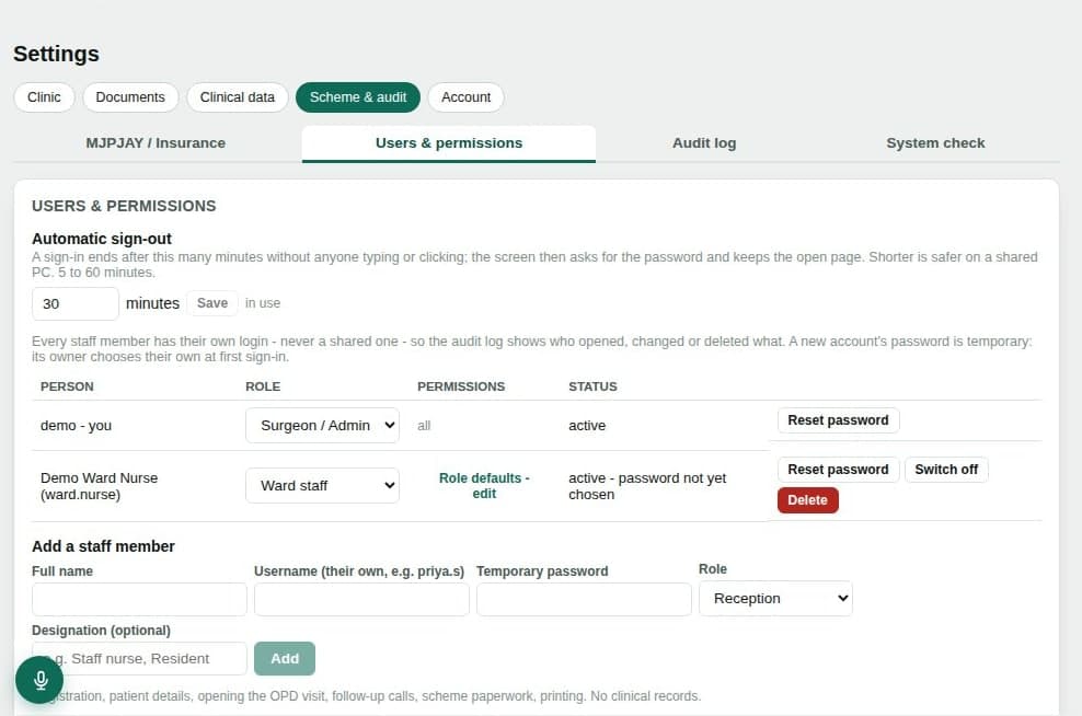 Users and permissions settings: automatic sign-out after 30 minutes, each staff member with their own login and a role such as Surgeon/Admin or Ward staff, so the audit log shows who opened, changed or deleted what.